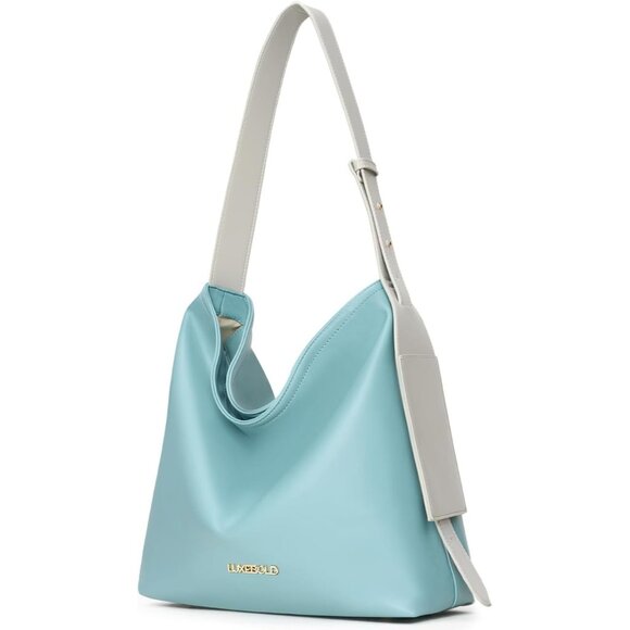 Women's Light Blue Tote Hobo Vegan Leather Shoulder Strap Zippered Pocket Bag - Picture 4 of 5